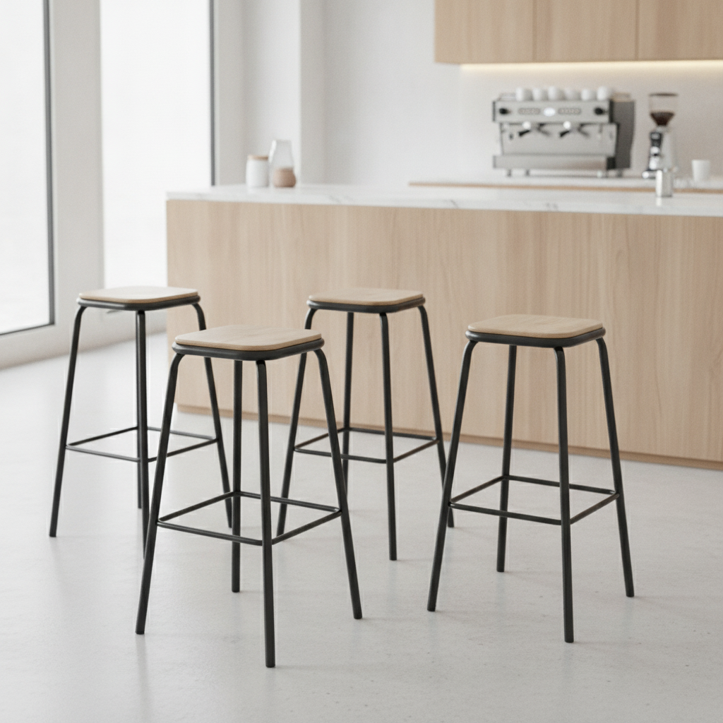Galvanised Steel High Stools with Wooden Seat 780x400mm for Bars & Cafés (Pack of 4)