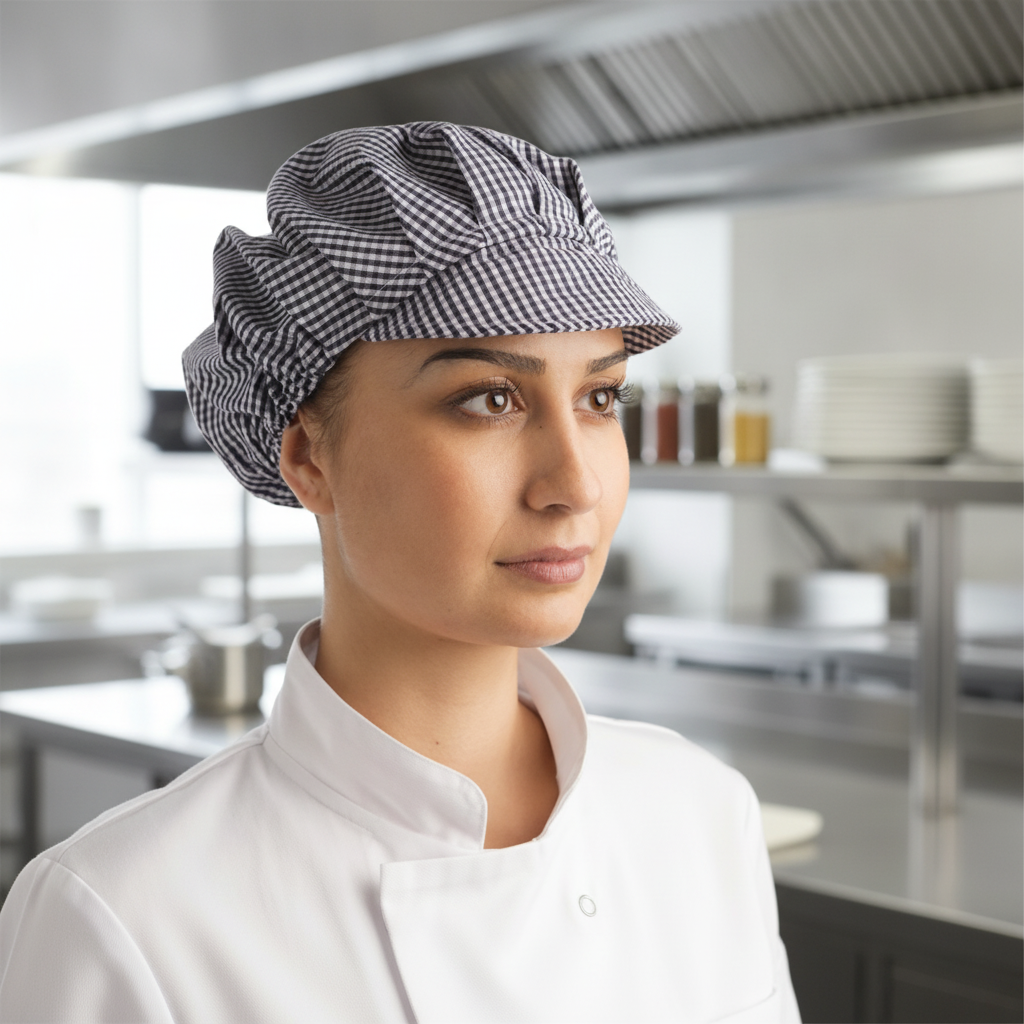 Lightweight Blue & White Check Hat for Food Service Staff