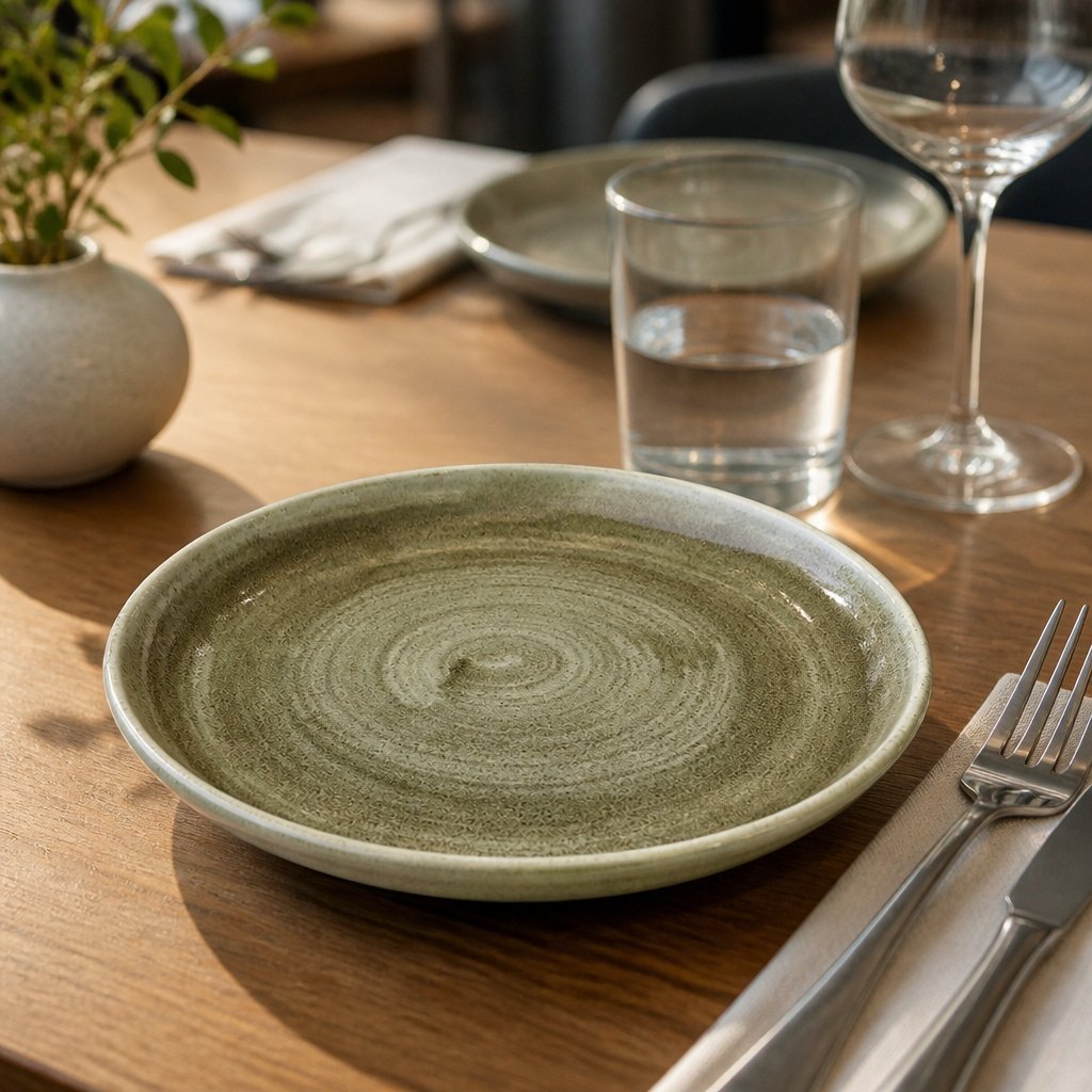Organic Round Plates 210mm Green Porcelain for Restaurants & Cafés (Pack of 12)