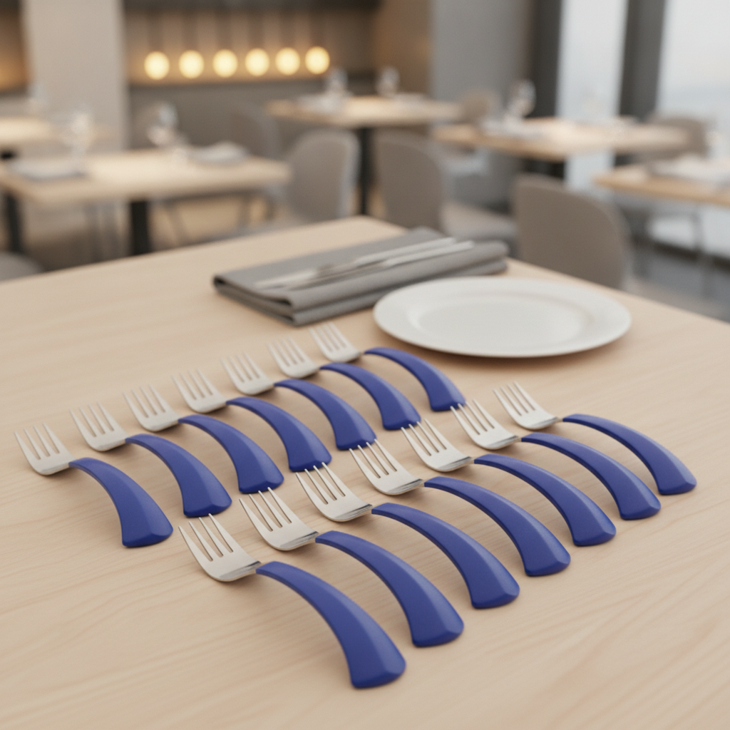 Ergonomic Right Hand Forks with Blue Polypropylene Handles for Independent Dining (Pack of 12)