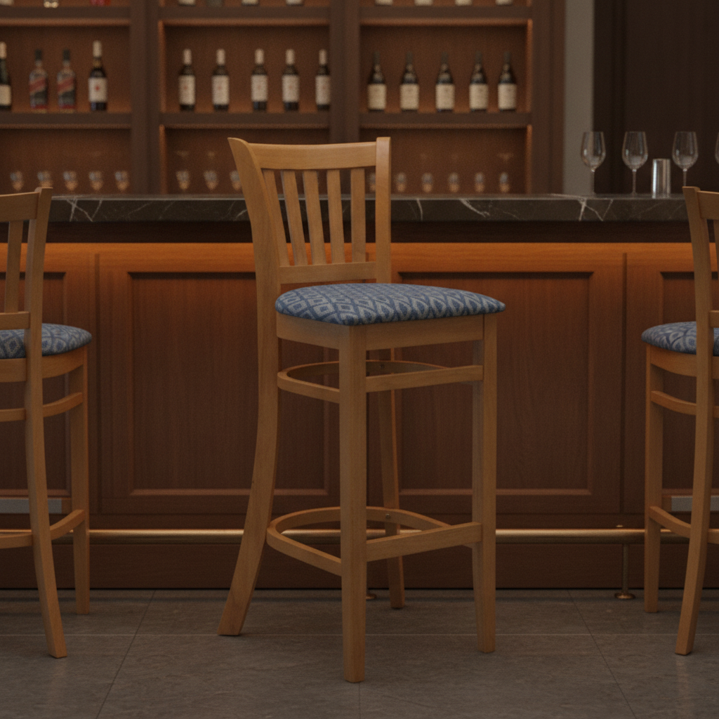 Rubber Wood Bar Chair with Blue Padded Seat 1010x410mm for Hospitality Settings