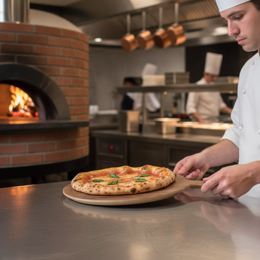 Melamine Oak Effect Round Handled Pizza Paddle Board 300mm for Catering & Hospitality