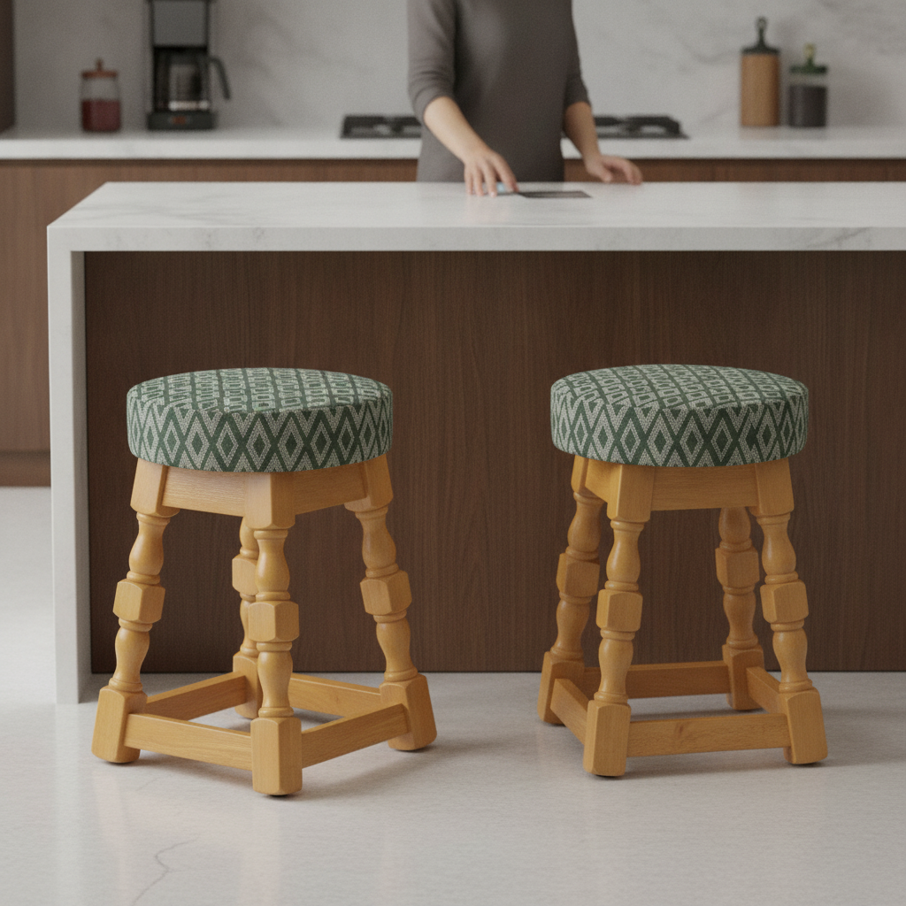 Rubber Wood Low Bar Stool with Green Diamond Seat 500x345mm for Casual Dining (Pack of 2)