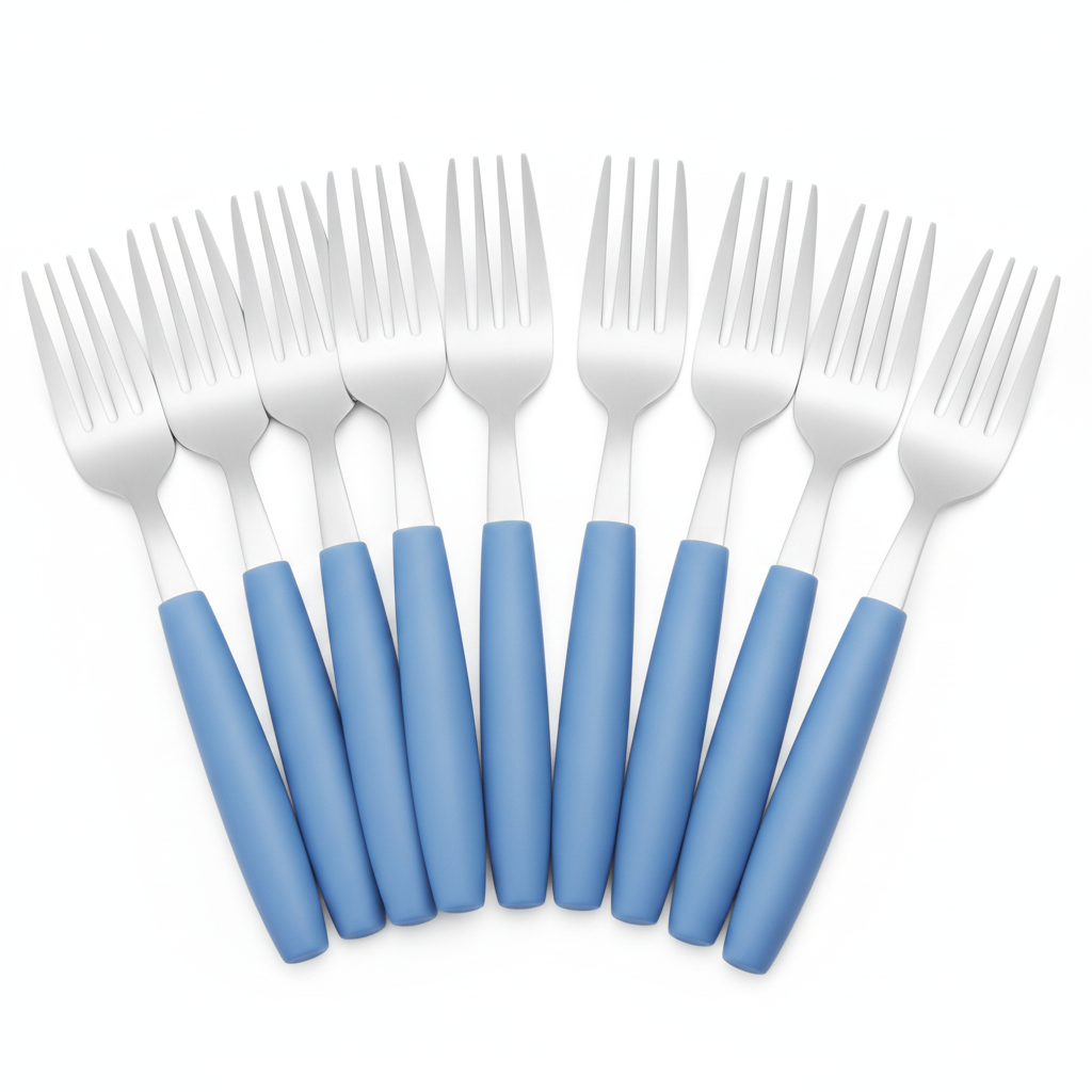 18/0 Stainless Steel Dessert Forks with Blue Handles for Cafeterias (Pack of 12)