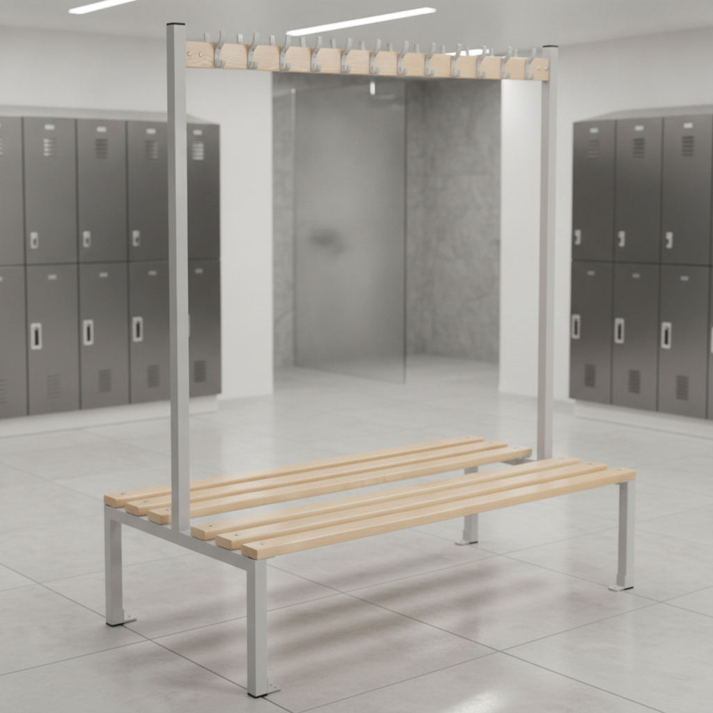 Steel and Ash Wood Double Sided Coat Hanger Bench 1500mm for Leisure Facilities