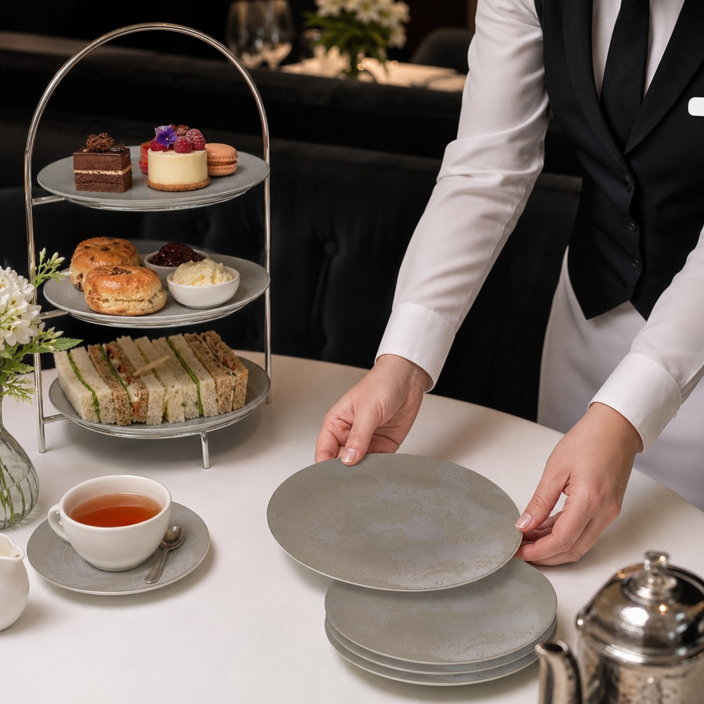 Crushed Velvet Coupe Plates 164mm Grey Bone China for Afternoon Tea (Pack of 6)