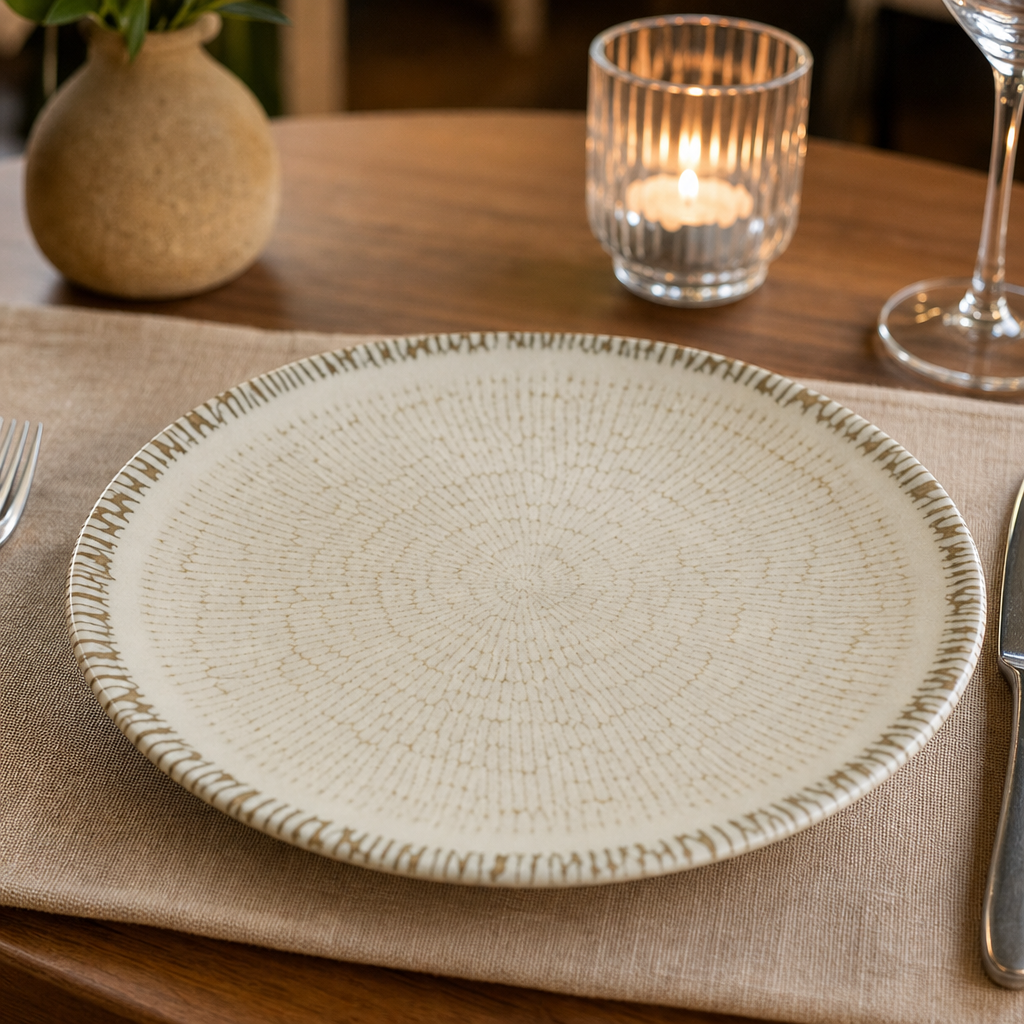 Coupe Plates Unique Ripple Design Taupe Ceramic for Dining (Pack of 12)