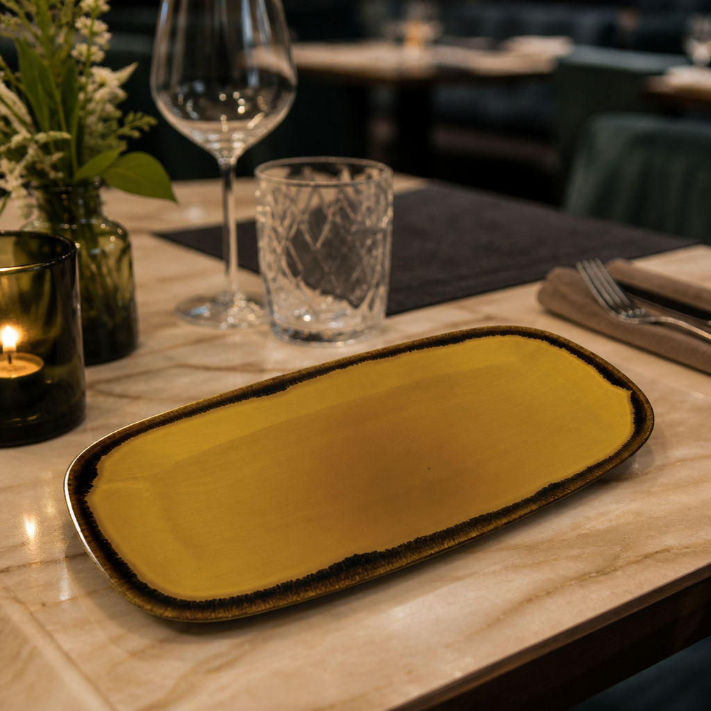 Hand-Finished Oblong Plates Mustard Vitrified Porcelain for Modern Dining (Pack of 12)