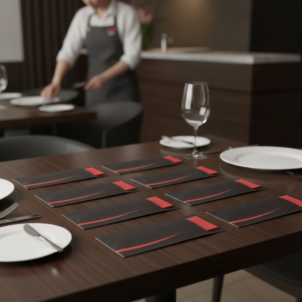 Paper Cutlery Pouch with Red Napkin 205mm for Efficient Table Service (Pack of 100)