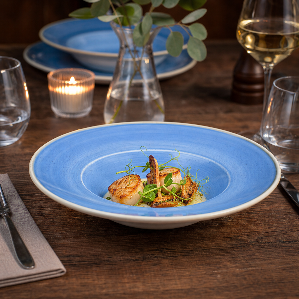 Stonecast Round Wide Rim Bowls in Cornflower Blue for Catering & Hospitality
