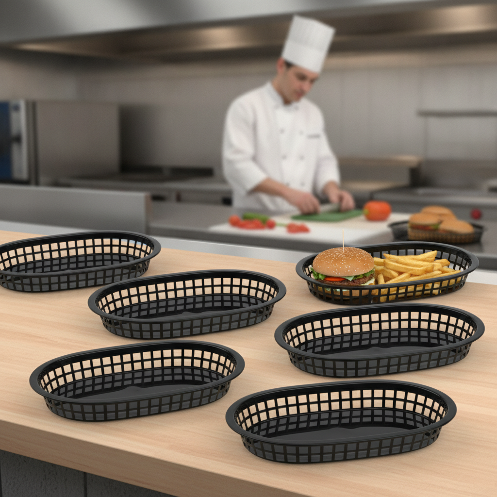 Polypropylene Oval Food Baskets Black 275mm for Quick Service (Pack of 6)