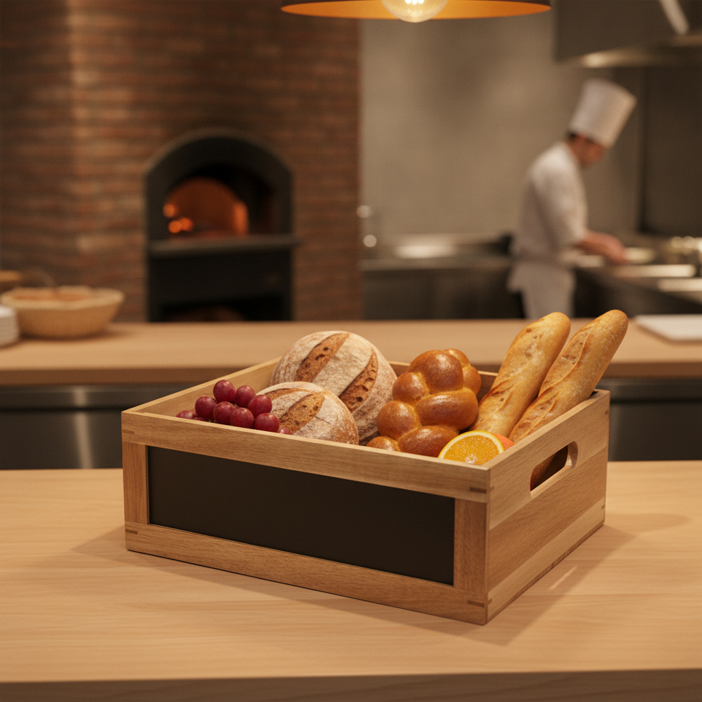 Acacia Wood Bread Crate with Chalkboard for Displaying Breads & Fruits