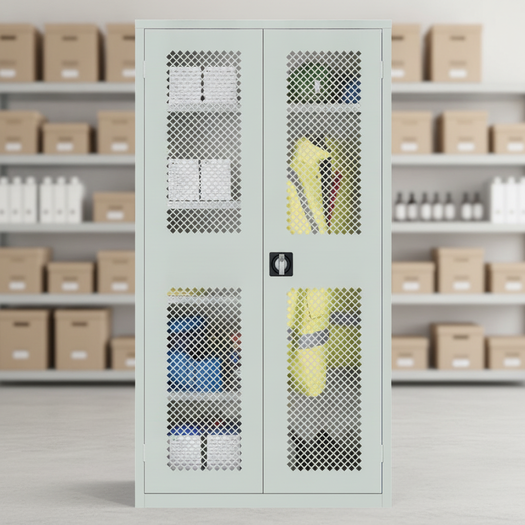 Powder Coated Steel Mesh-Fronted Cupboard for Offices & Stock Rooms
