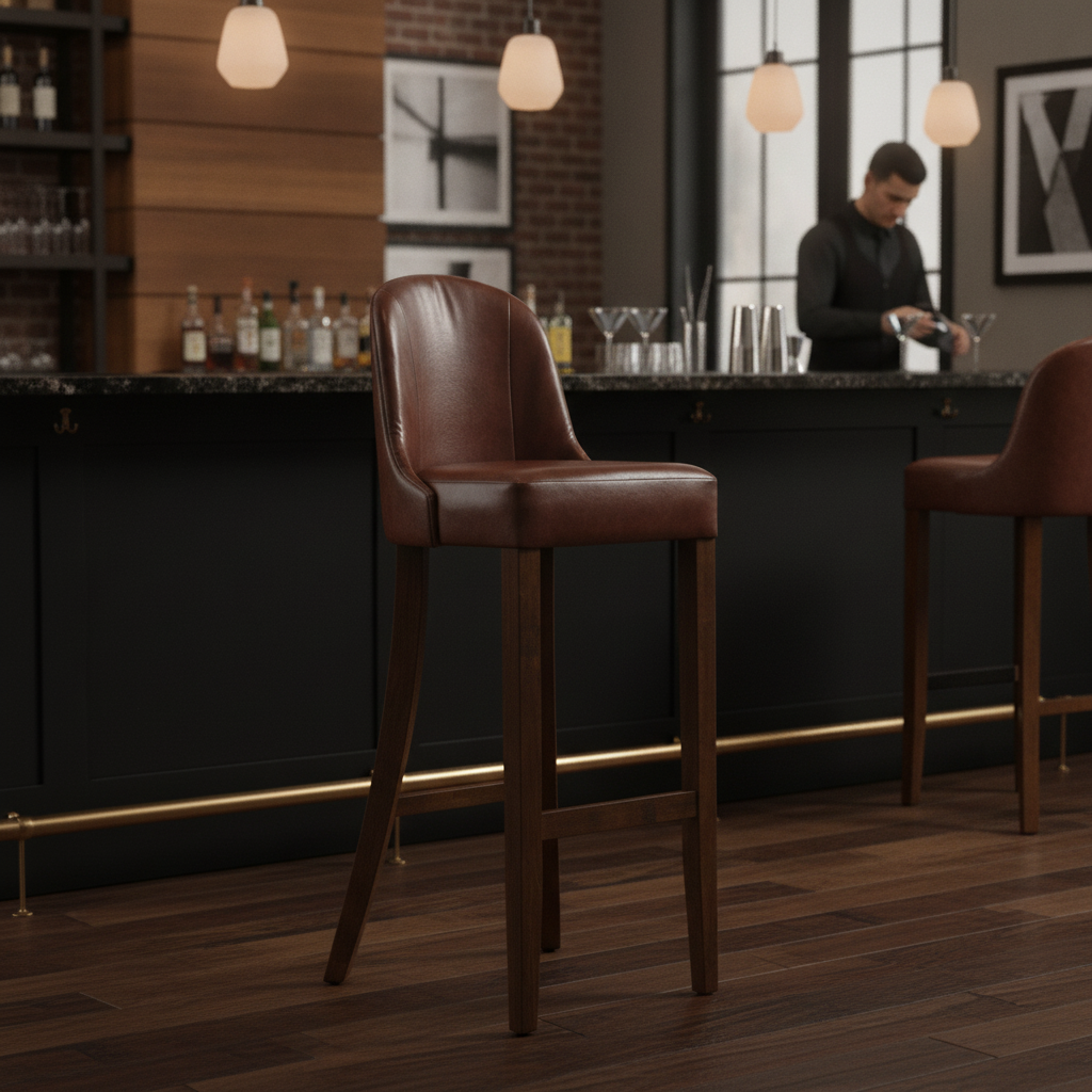 Rubber Wood Bar Chair with Bison Espresso Seat 1030mm for Commercial Use