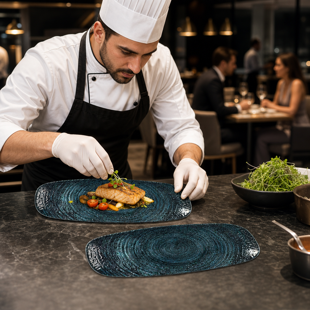 Oblong Chef's Plates 200mm Blue Vitrified Ceramic for Dining (Pack of 12)