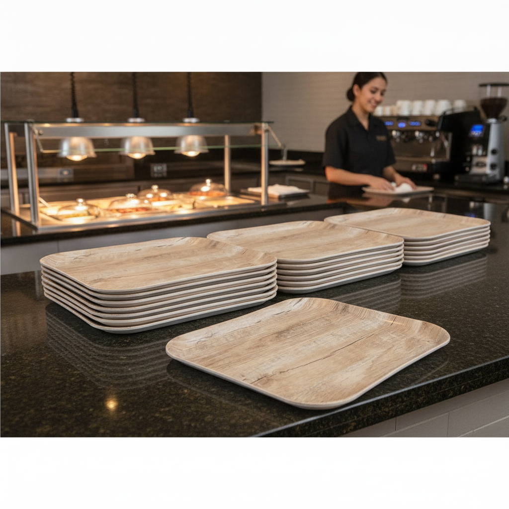 Polypropylene Wood Grain Tray 360x460mm for Self-Serve Restaurants (Pack of 12)