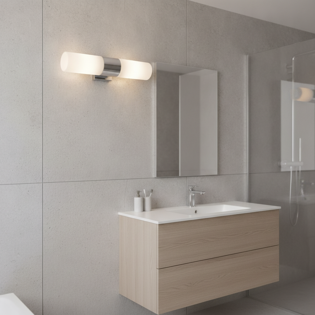 Glass Double Wall Light with Chrome Finish for Modern Bathrooms