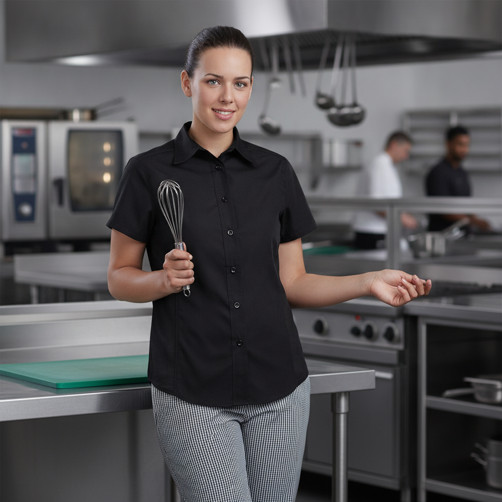 Black Polycotton Chef Shirt with Cool Vent Panels for Kitchen Use
