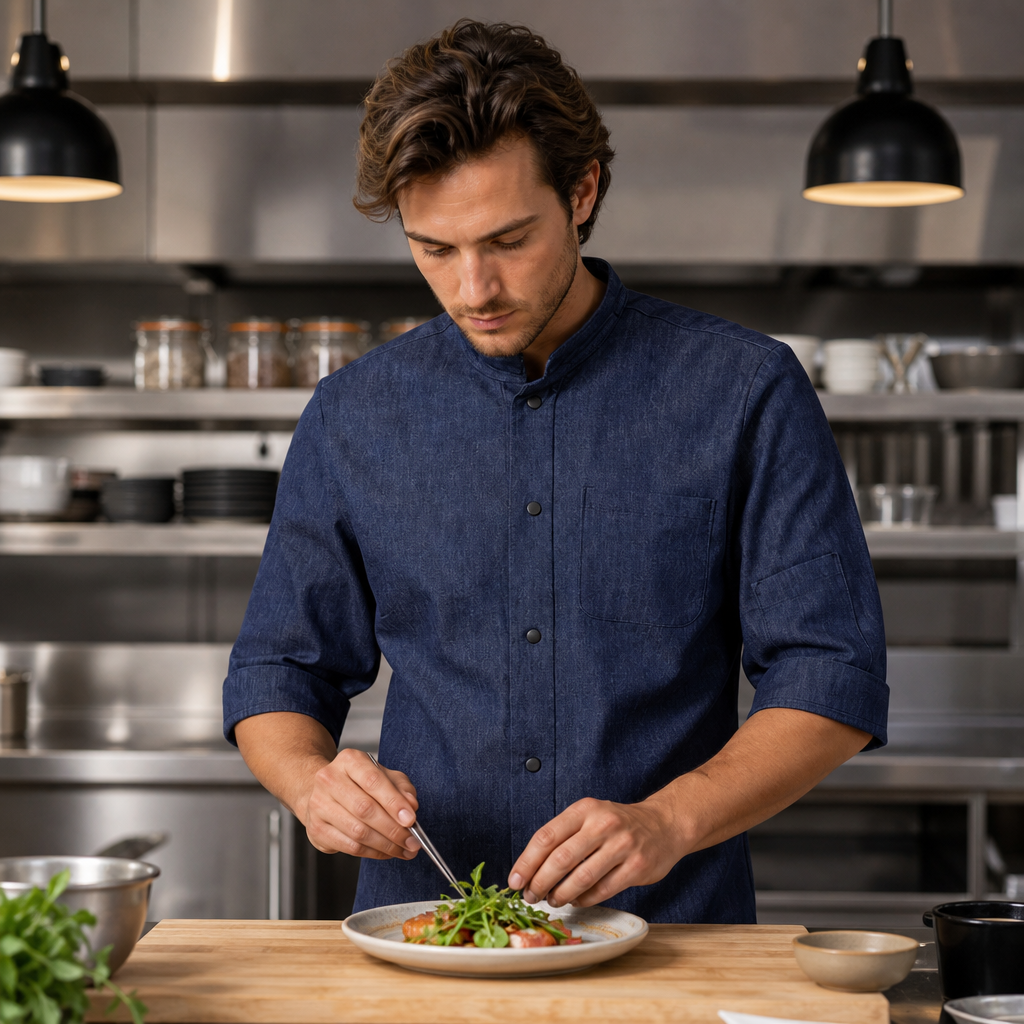 Lightweight Denim Chef Shirt for Cafés & Gastropubs