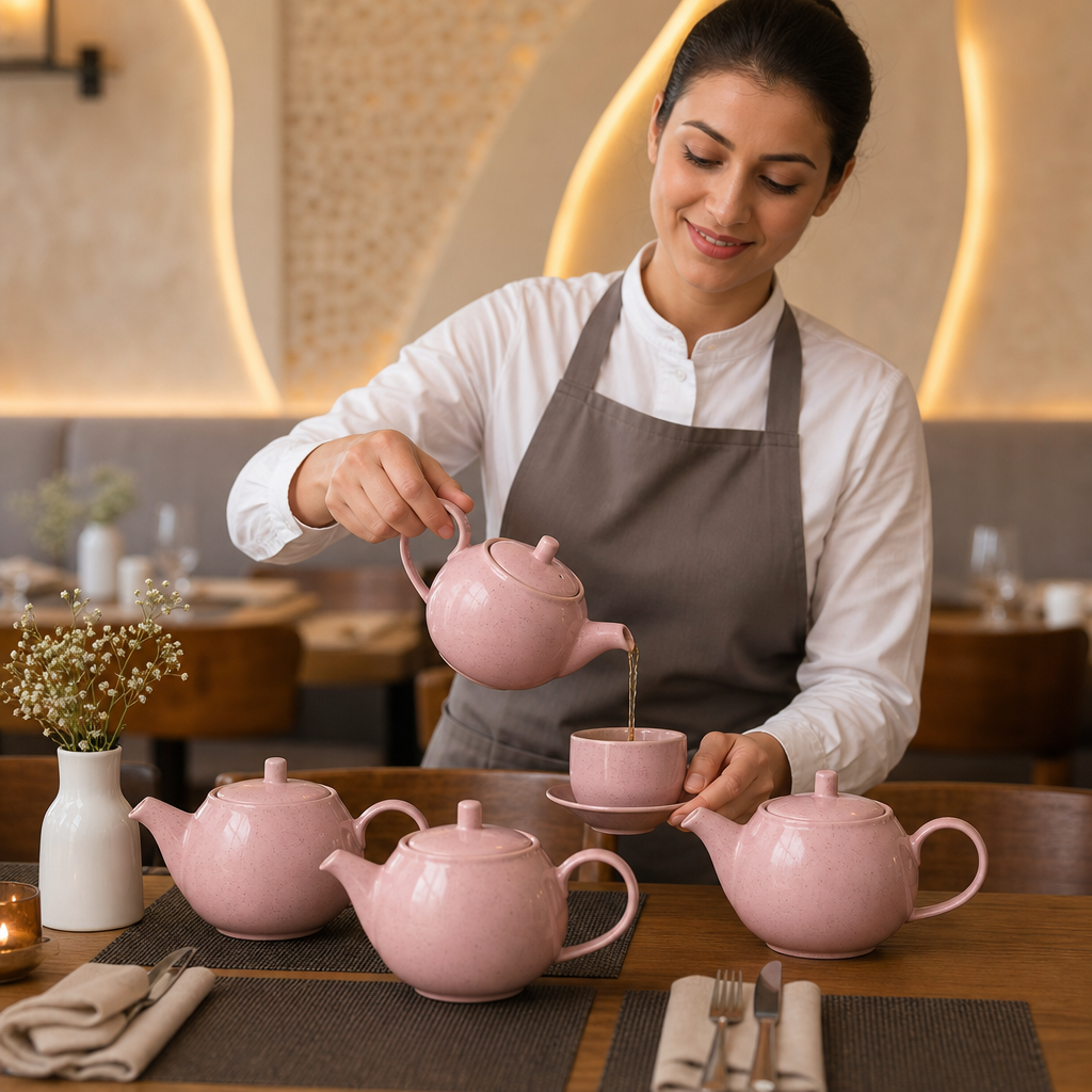 Super Vitrified Ceramic Petal Pink Teapot 426ml for Table Settings (Pack of 4)
