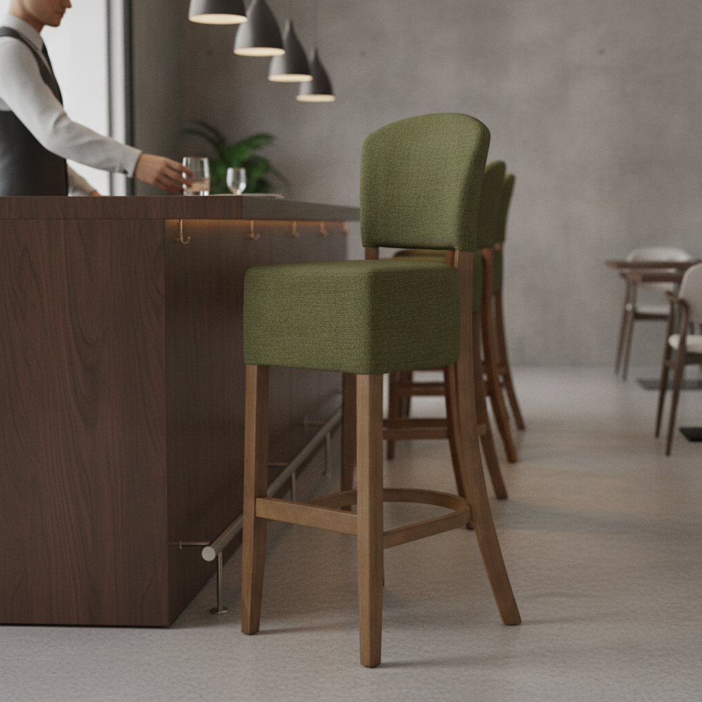 Rubber Wood Bar Chair with Green Upholstery 1175mm for Commercial Use