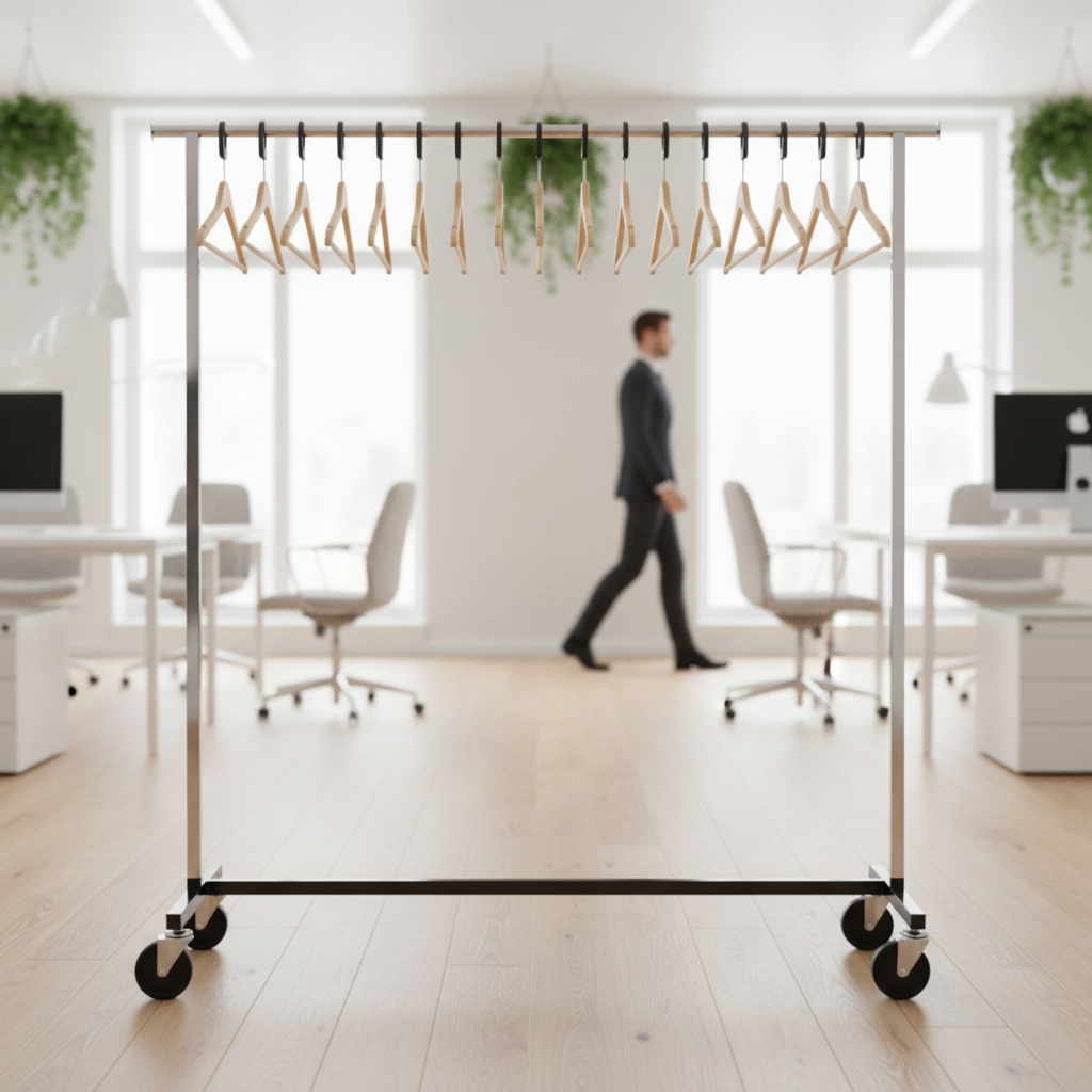 Steel Garment Rail with 20 Wooden Hangers for Offices