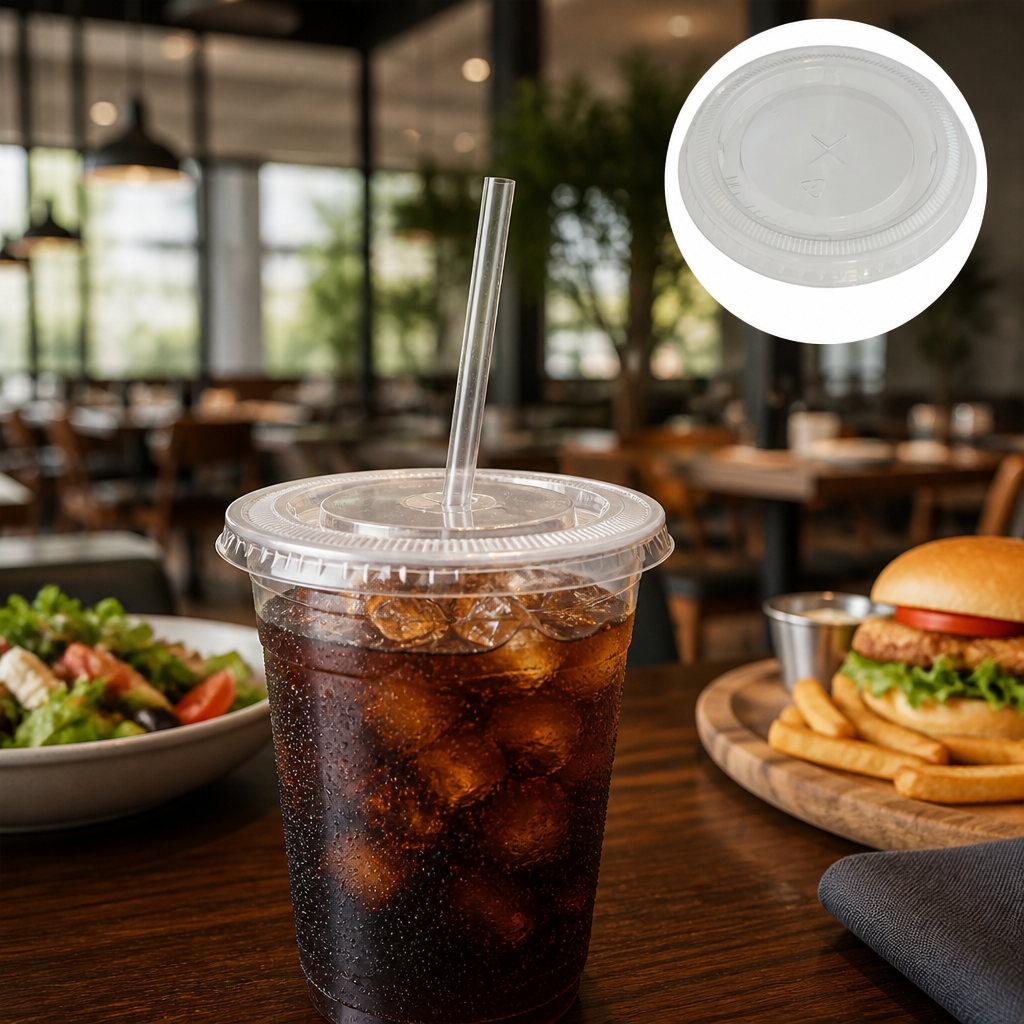 Clear rPET Flat Lids with Straw Hole for Drinks Service (Pack of 1000)