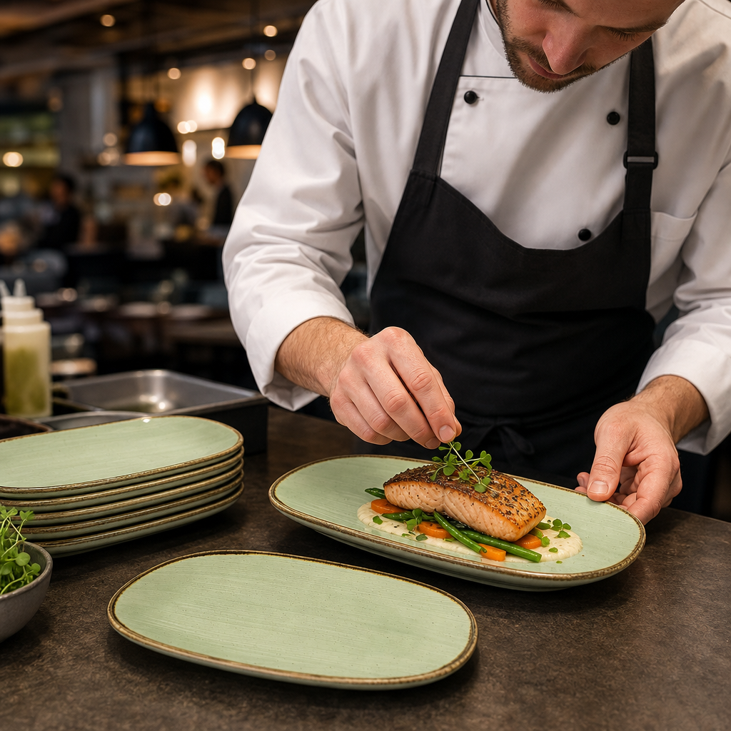 Oblong Plates 220x130mm Sage Green Vitrified Ceramic for Hospitality Use (Pack of 12)