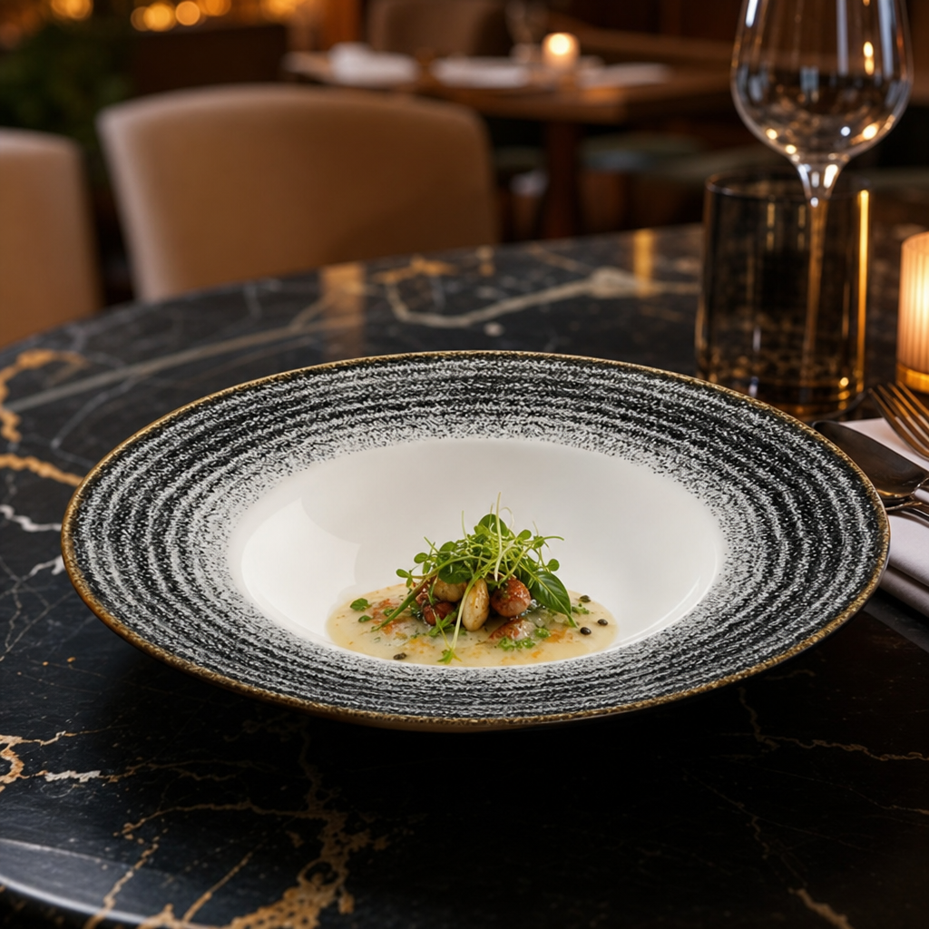 Wide Rim Porcelain Bowl in Charcoal Black for Elegant Dining