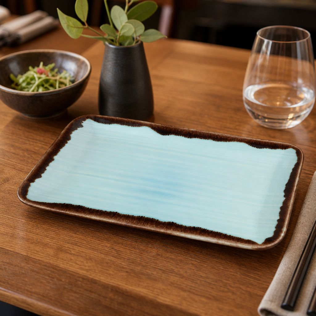 Organic Rectangular Plates Turquoise Vitrified Porcelain for Stylish Dining (Pack of 12)